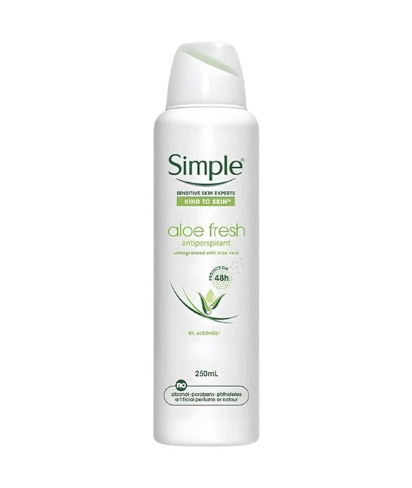 Simple Kind To Skin Aloe Fresh antiperspirant deodorant spray in a 250ml bottle, with a clear label and fresh aloe scent.