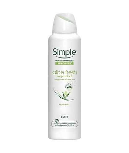 Simple Kind To Skin Aloe Fresh antiperspirant deodorant spray in a 250ml bottle, with a clear label and fresh aloe scent.