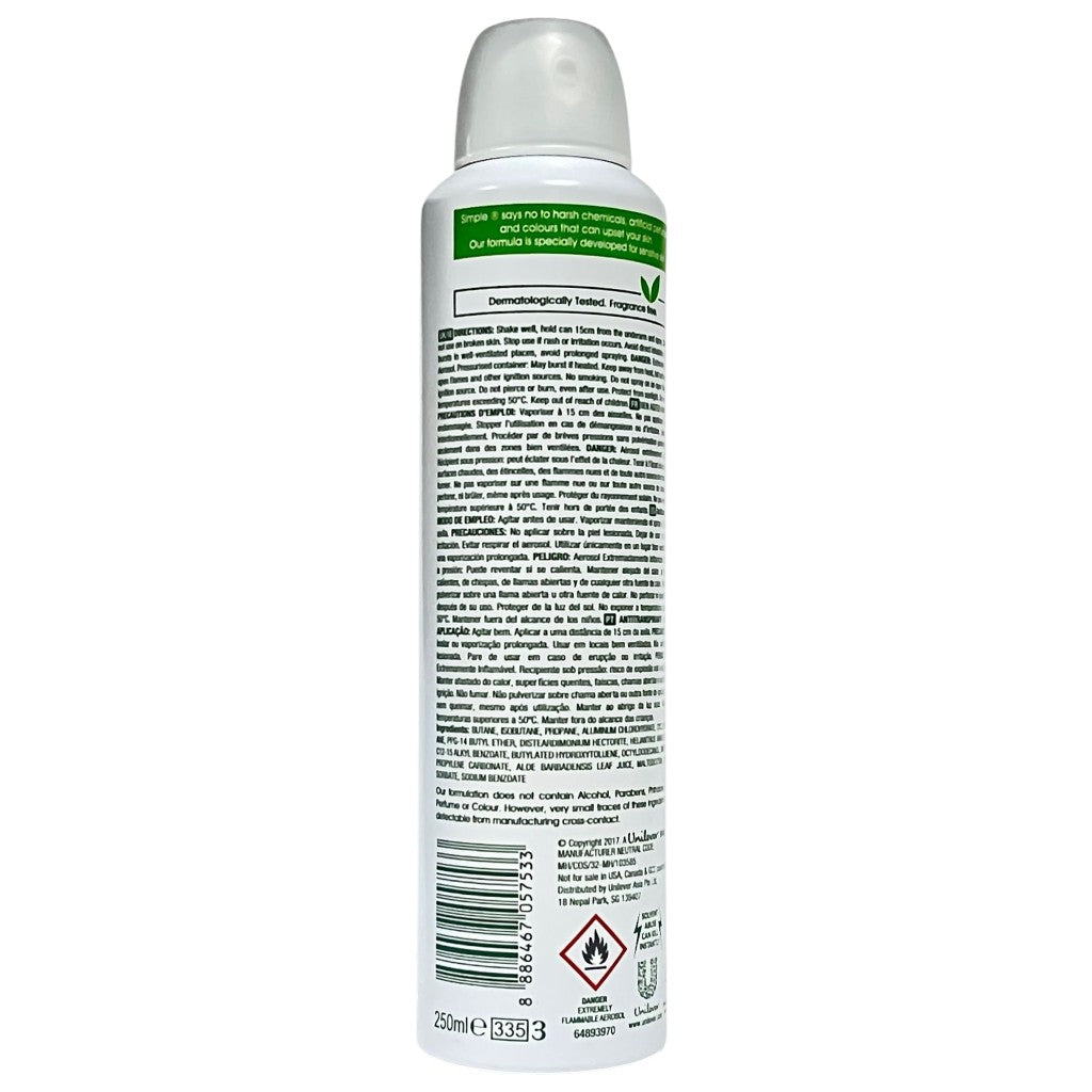 Simple Kind To Skin Aloe Fresh Antiperspirant Deodorant Spray in a 250ml bottle, showcasing the clear spray nozzle and fresh packaging.