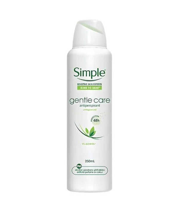 Simple Kind To Skin Gentle Care Deodorant Spray for body care, featuring a clear spray bottle and minimalist label design.