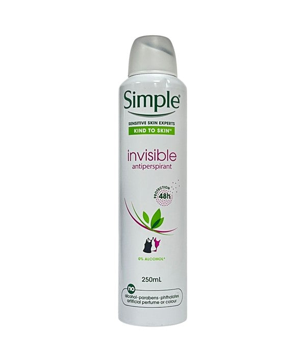 Simple Kind To Skin Invisible Antiperspirant Deodorant Spray in a white aerosol can for effective underarm odor and sweat protection.