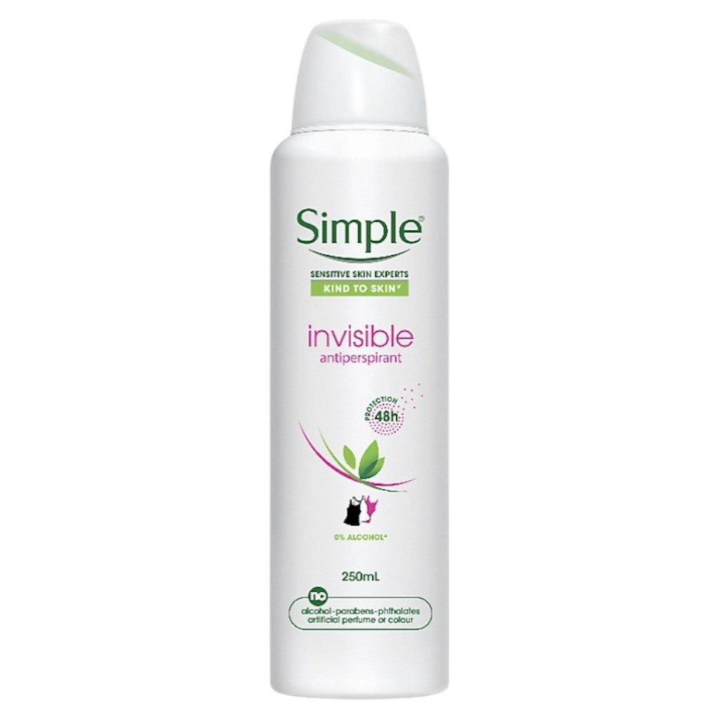Simple Kind To Skin invisible antiperspirant deodorant spray for body care, showing the spray bottle with clear label and cap.