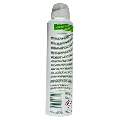Simple Kind To Skin invisible antiperspirant deodorant spray for body care, showing the sleek aerosol can with clear branding.
