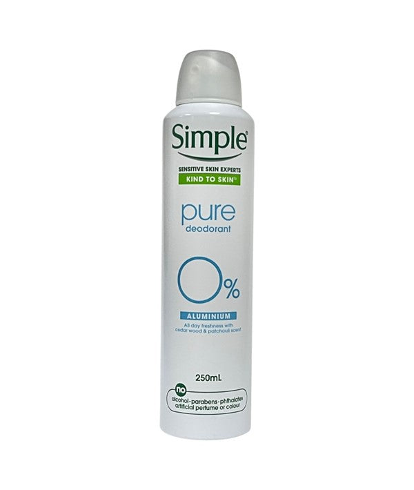 Simple Kind To Skin Pure Deodorant Spray for body care, featuring a clear spray bottle with a white cap and clean label design.