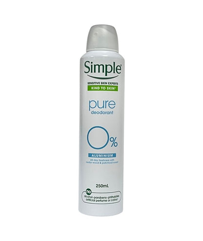 Simple Kind To Skin Pure Deodorant Spray for body care, featuring a clear spray bottle with a white cap and clean label design.