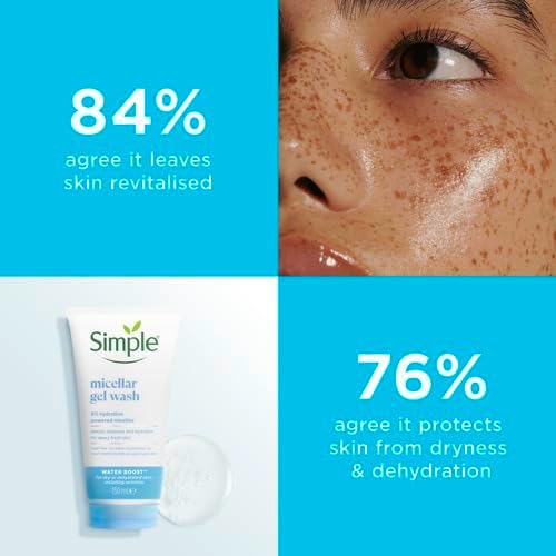 Simple Water Boost Hydrating Micellar Gel Wash from Skin Basics line, showing the clear gel formula in a white pump bottle.
