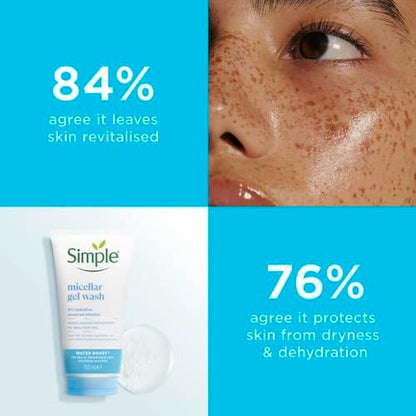 Simple Water Boost Hydrating Micellar Gel Wash from Skin Basics line, showing the clear gel formula in a white pump bottle.