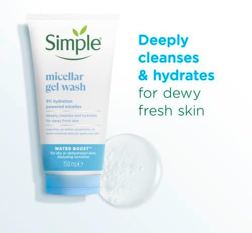 Simple Skin Basics Micellar Gel Wash with hydrating formula, shown in a clear bottle with a blue cap and gentle cleansing ingredients.