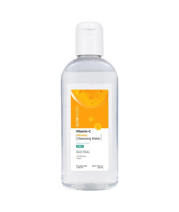 Skin Academy Glow Boost 3-in-1 Vitamin C micellar cleansing water in a 200ml bottle, featuring clear liquid with a fresh, glowing appearance.