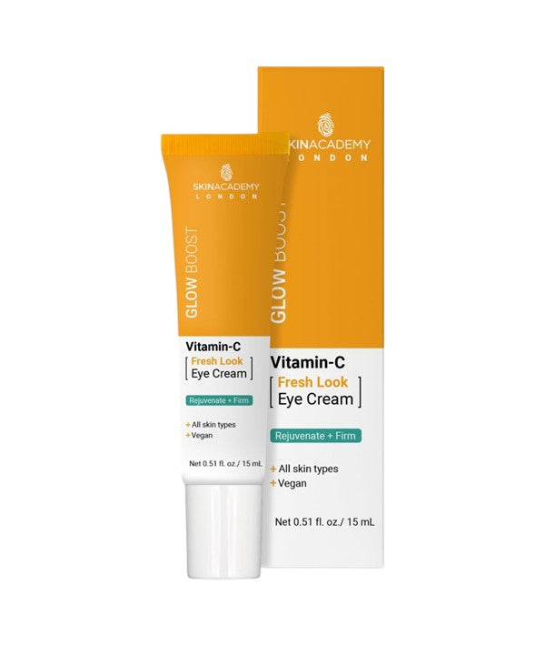 Skin Academy Glow Boost Vitamin C Awakening Eye Cream in a 15ml jar, designed to brighten and rejuvenate the delicate eye area.