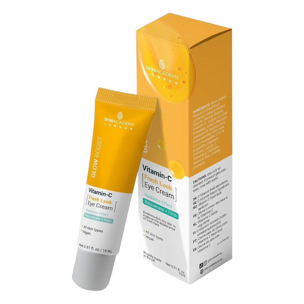Skin Academy Glow Boost Vitamin C awakening eye cream in a 15ml jar, designed for revitalizing and brightening the eye area.