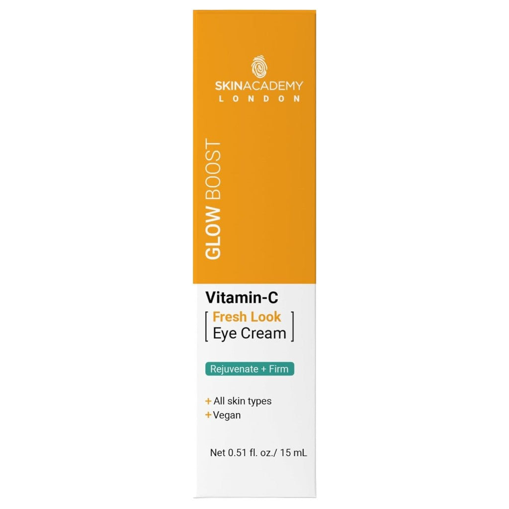 Skin Academy Glow Boost Vitamin C awakening eye cream in a 15ml jar, designed to brighten and revitalize the eye area.