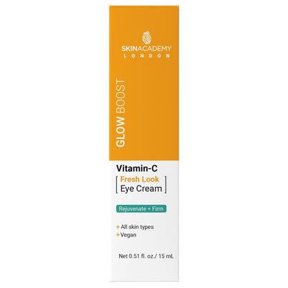 Skin Academy Glow Boost Vitamin C awakening eye cream in a 15ml jar, designed to brighten and revitalize the eye area.