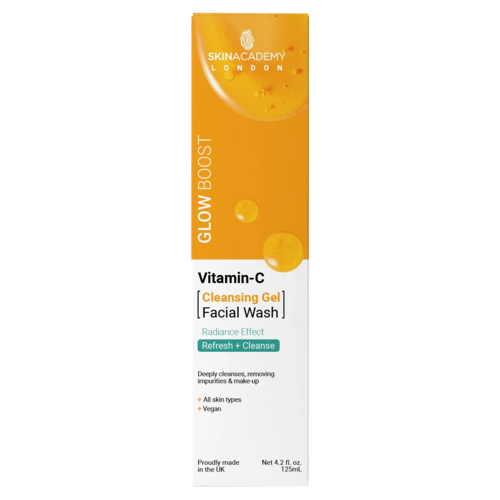 Skin Academy Glow Boost Vitamin C Cleansing Gel facial wash in a 125ml bottle, shown with clear packaging and product labeling.