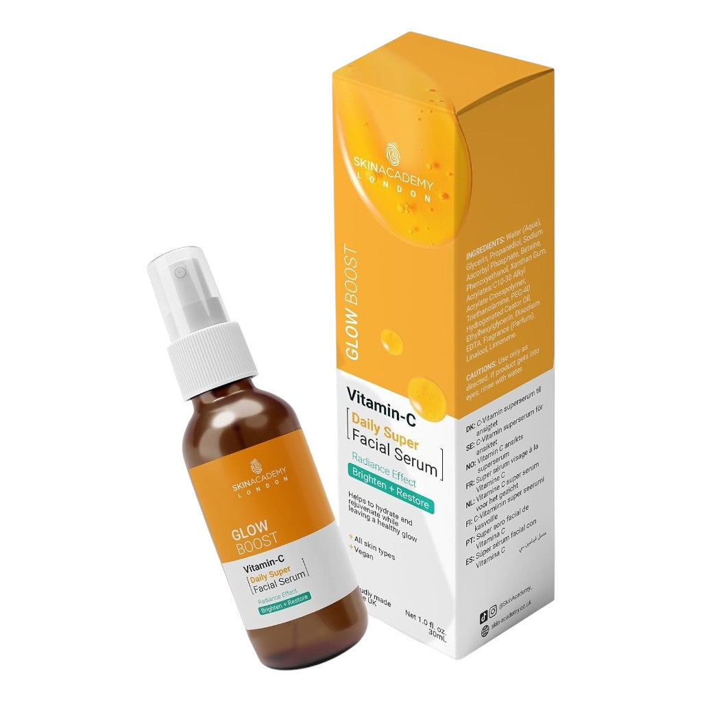 Skin Academy Glow Boost Vitamin C facial serum in a 30ml bottle, designed to brighten and hydrate skin.