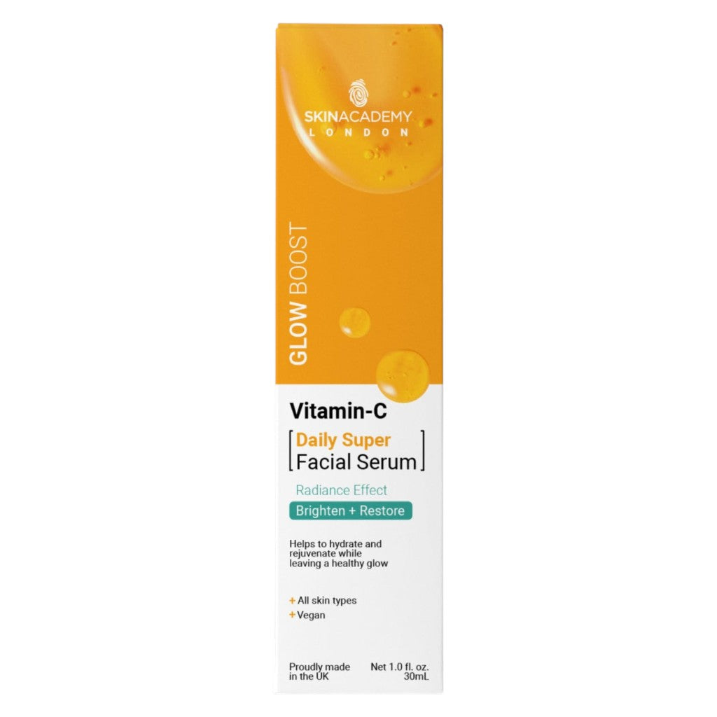 Skin Academy Glow Boost Vitamin C facial serum in a 30ml bottle, moisturizing and brightening skin with antioxidant-rich formula.