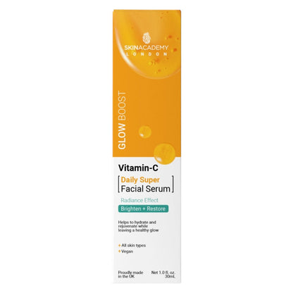 Skin Academy Glow Boost Vitamin C facial serum in a 30ml bottle, moisturizing and brightening skin with antioxidant-rich formula.