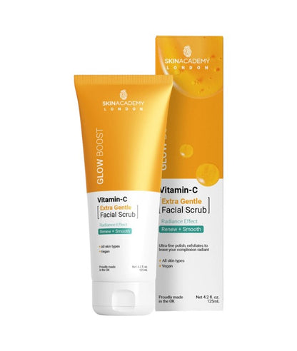 Skin Academy Glow Boost Vitamin C facial scrub in 125ml tube, showing the gentle exfoliating texture and brightening ingredients.