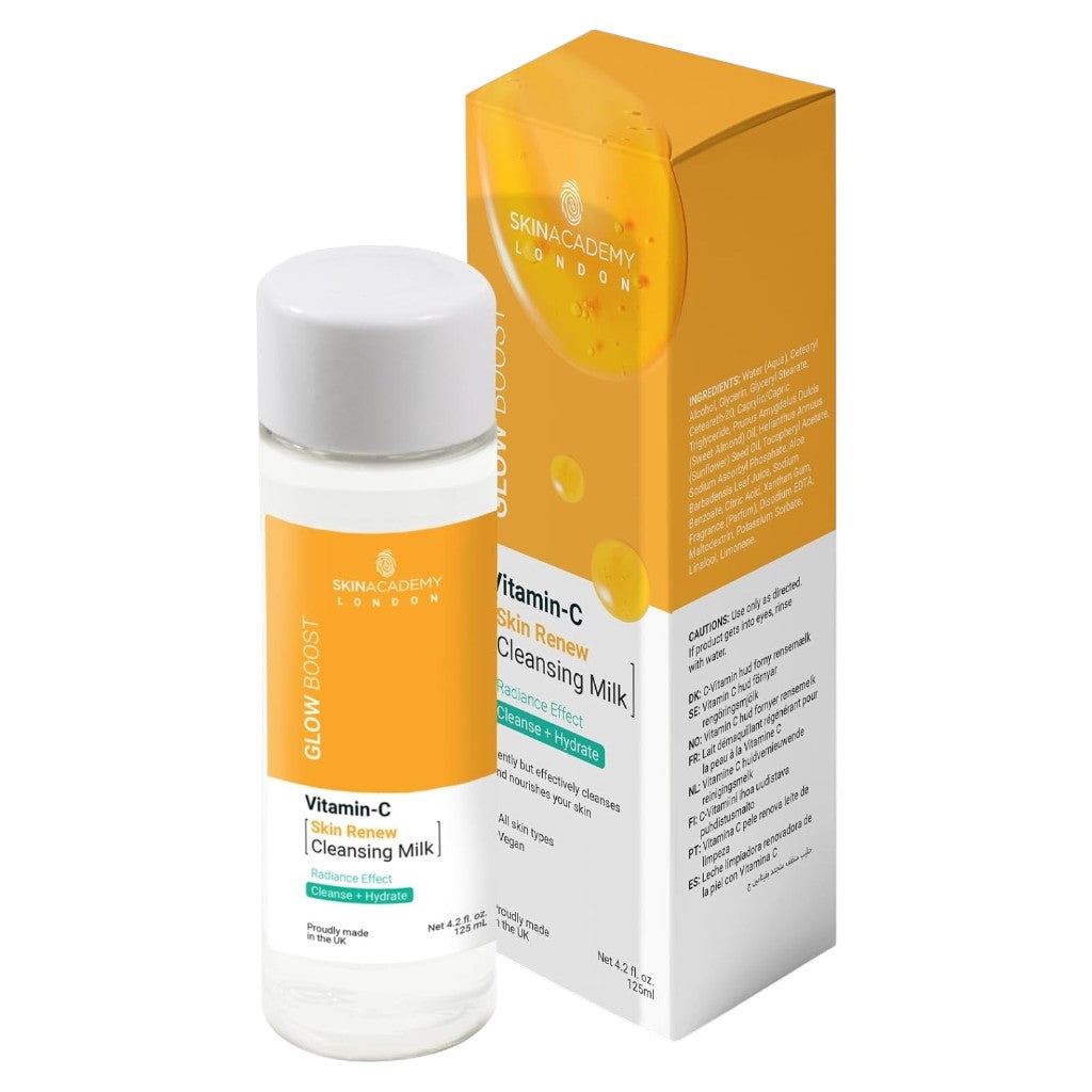 Skin Academy Glow Boost Vitamin C Skin Renew Cleansing Milk in a 125ml bottle, gentle facial cleanser with brightening benefits.