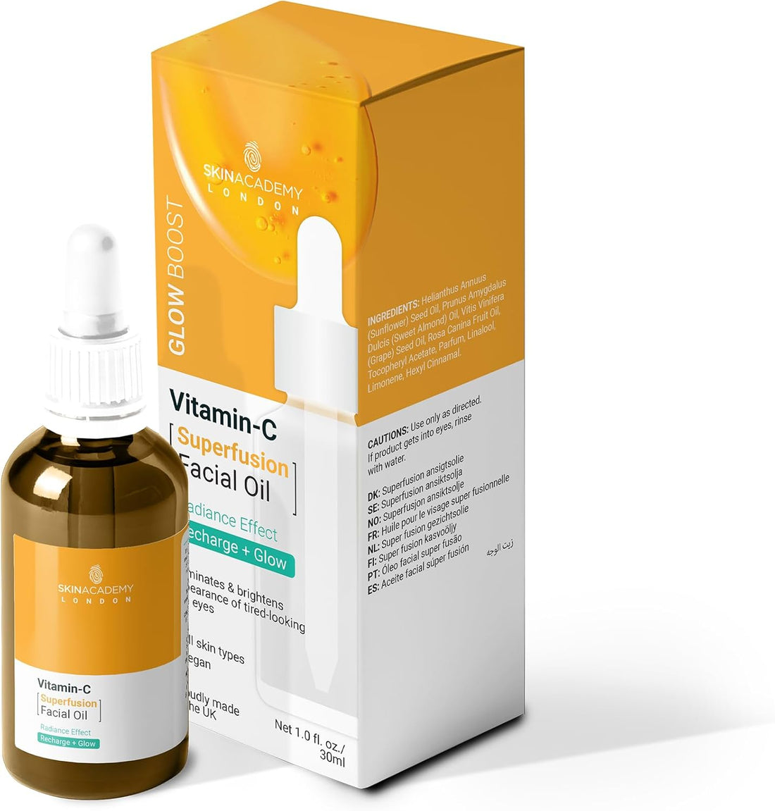 Skin Academy Glow Boost Vitamin C facial oil in a 30ml bottle, featuring a clear glass container with a dropper for moisturizing skincare.