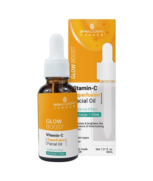 Skin Academy Glow Boost Vitamin C facial oil in a 30ml bottle, showcasing a clear, nourishing moisturizer for radiant skin.