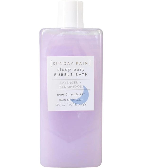 Sunday Rain Sleep Easy lavender and cedarwood bubble bath in a clear bottle, with a relaxing, aromatic appearance.