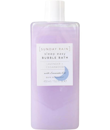Sunday Rain Sleep Easy lavender and cedarwood bubble bath in a clear bottle, with a relaxing, aromatic appearance.