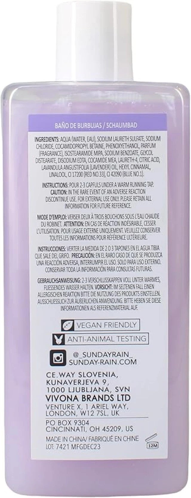 Sunday Rain Sleep Easy lavender and cedarwood bubble bath in a clear bottle with a pump for relaxing bath and shower use.