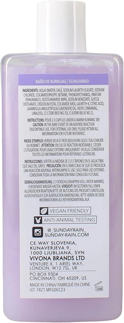 Sunday Rain Sleep Easy lavender and cedarwood bubble bath in a clear bottle with a pump for relaxing bath and shower use.