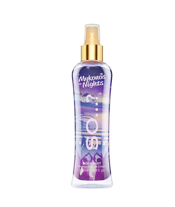 So Fragrance So Mykonos Nights body mist bottle with floral and citrus scents, displayed on a neutral background.