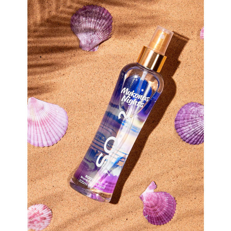 So Fragrance So Mykonos Nights body mist bottle with floral and citrus notes, displayed on a white background.