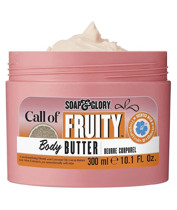 Soap and Glory Call of Fruity body butter jar with vibrant packaging, showcasing the luxurious body care product.