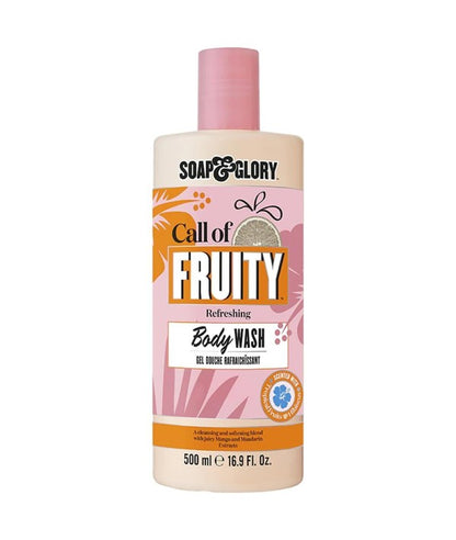 Soap and Glory Call of Fruity refreshing body wash in a clear bottle with a colorful label, perfect for bath and shower use.