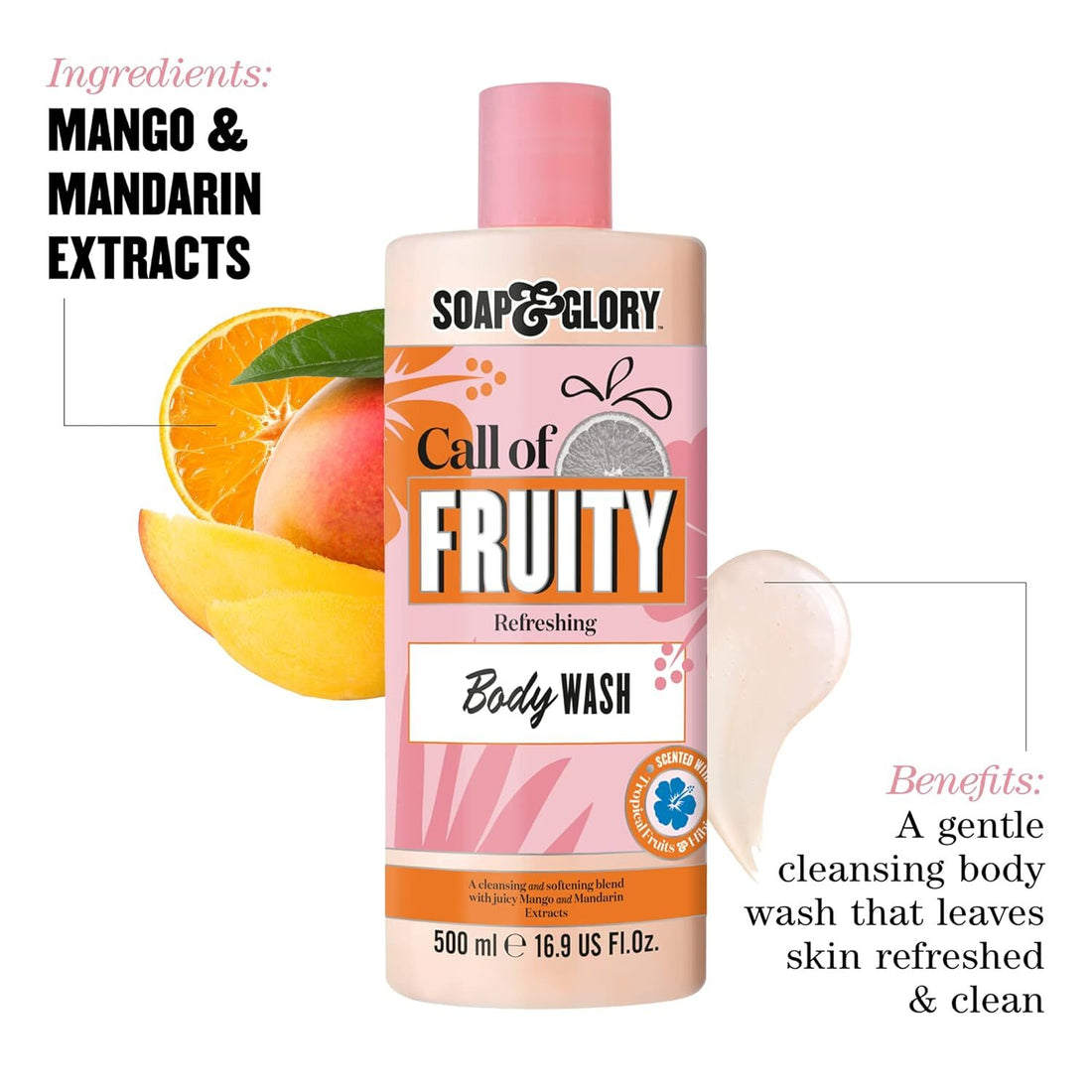 Soap and Glory Call Of Fruity Refreshing Body Wash in a clear bottle with colorful fruit illustrations, designed for bath and shower use.