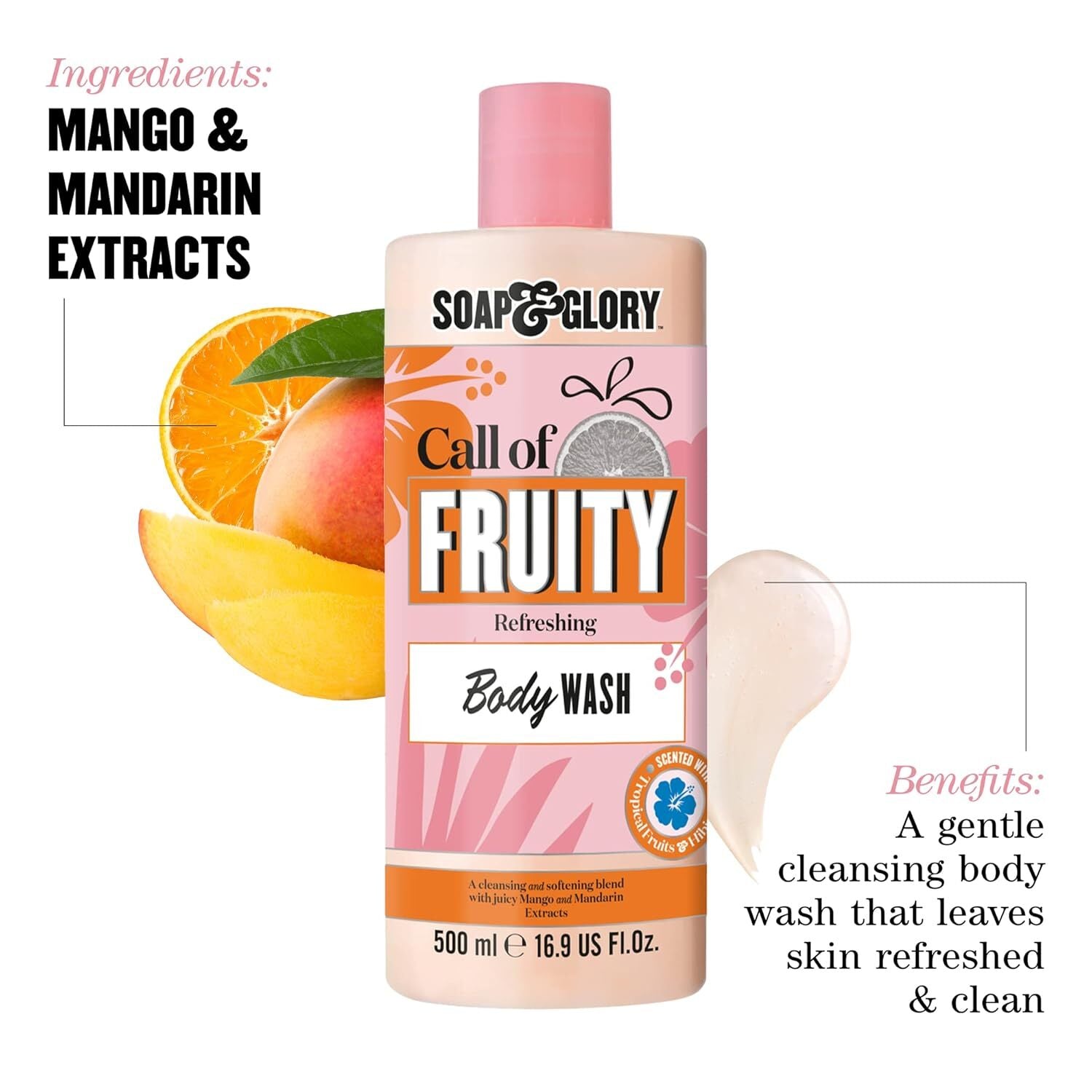 Soap and Glory Call Of Fruity Refreshing Body Wash in a clear bottle with colorful fruit illustrations, designed for bath and shower use.