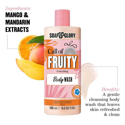Soap and Glory Call Of Fruity Refreshing Body Wash in a clear bottle with colorful fruit illustrations, designed for bath and shower use.