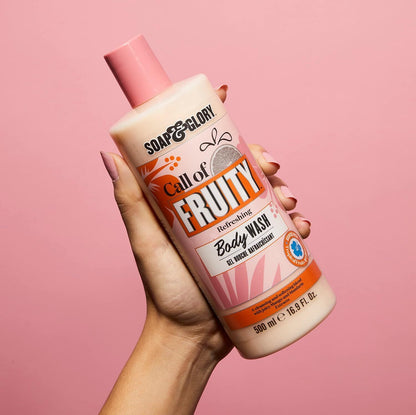 Soap and Glory Call of Fruity refreshing body wash in a sleek bottle, perfect for bath and shower use.