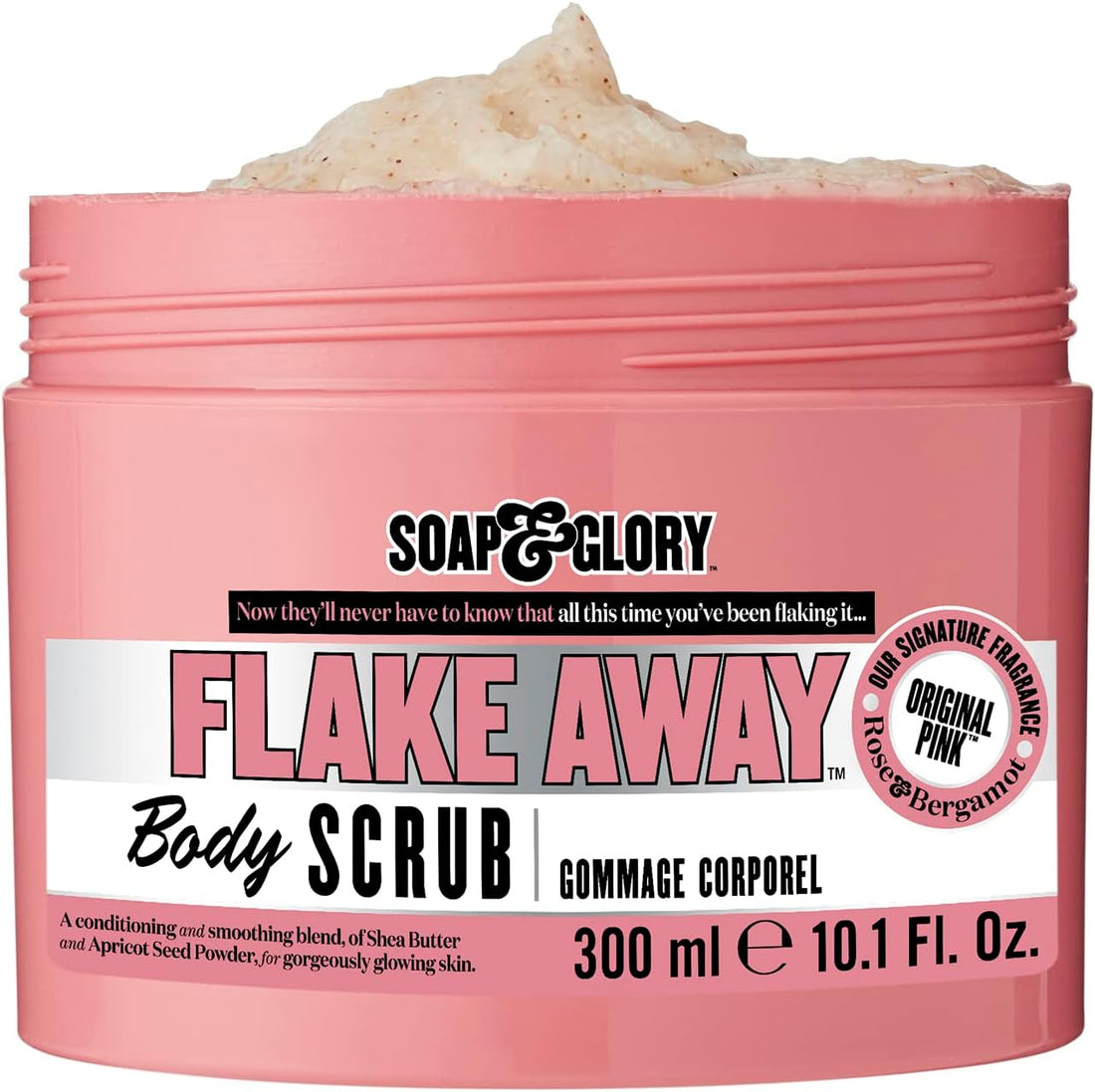 Soap and Glory Flake Away Body Scrub in a 300ml jar, featuring exfoliating particles for smooth, refreshed skin in bath and shower.