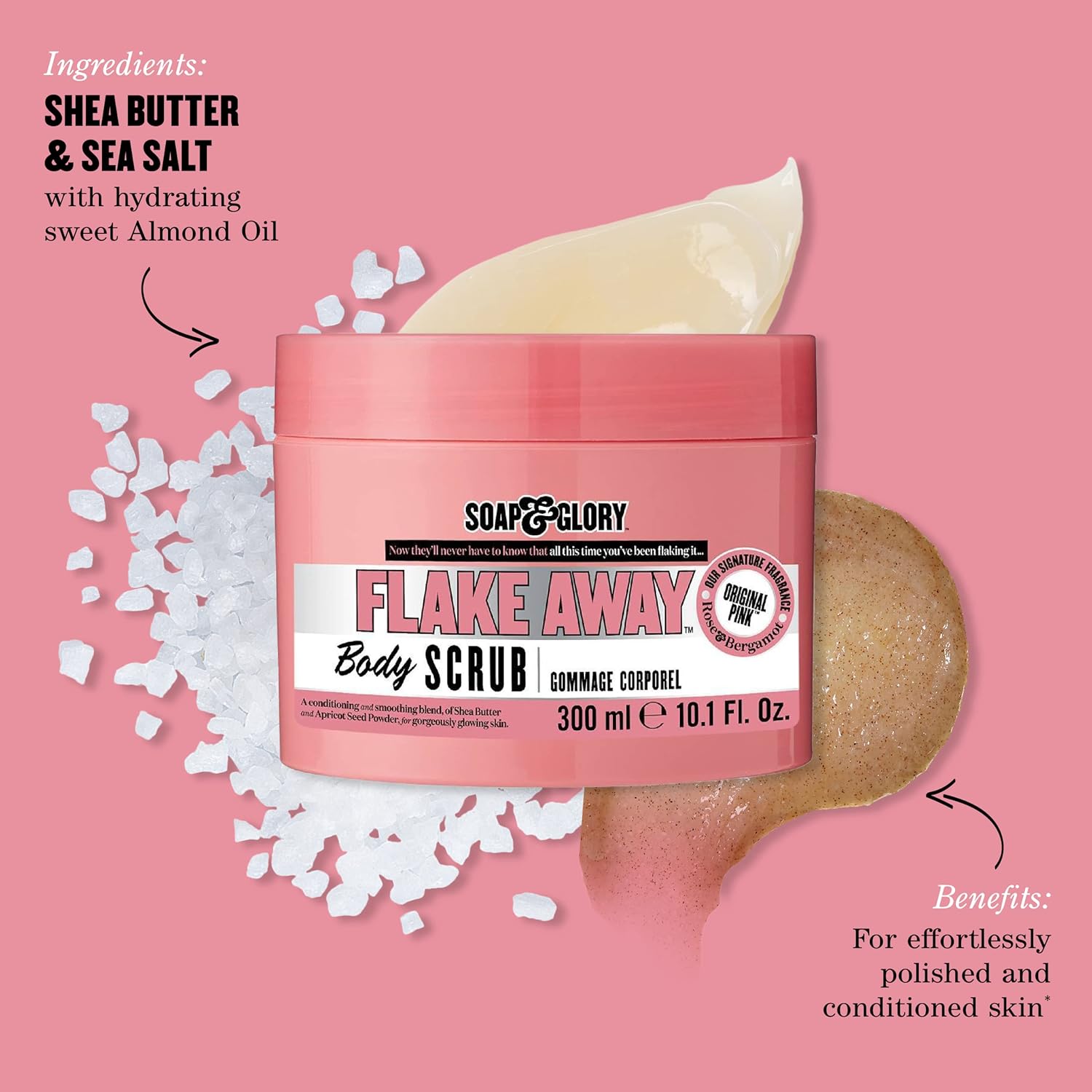 Soap and Glory Flake Away Body Scrub in a 300ml jar, with exfoliating texture and creamy formulation for bath and shower use.