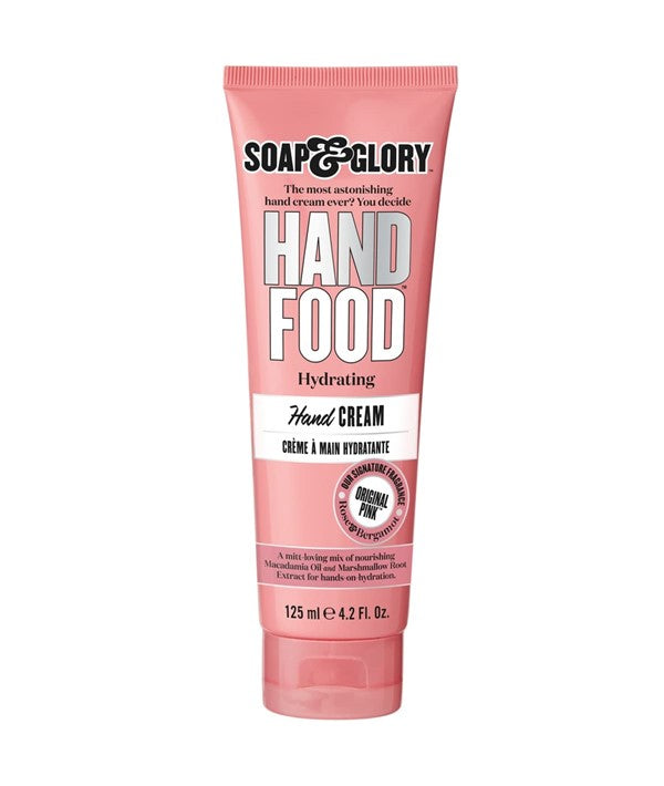 Soap and Glory Hand Food hydrating hand cream in 125ml tube, showing creamy texture and floral packaging for hand care.
