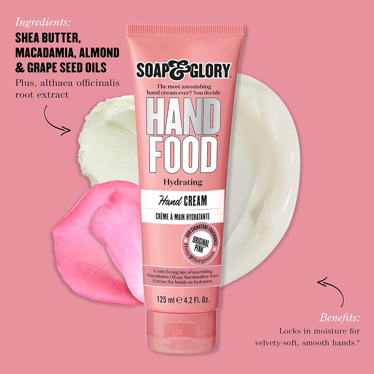 Soap and Glory Hand Food hydrating hand cream in 125ml tube, showing creamy texture and colorful packaging.