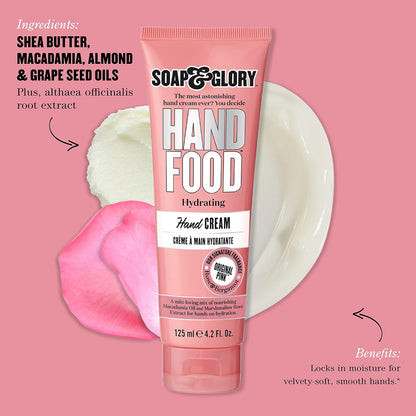 Soap and Glory Hand Food hydrating hand cream in 125ml tube, showing creamy texture and colorful packaging.