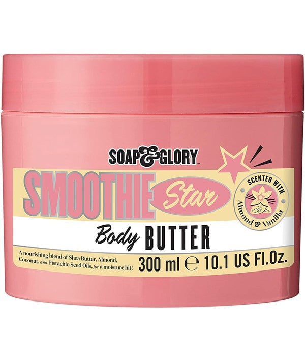 Soap and Glory Smoothie Star body butter jar with pink and gold packaging, creamy texture visible, for smooth skin.