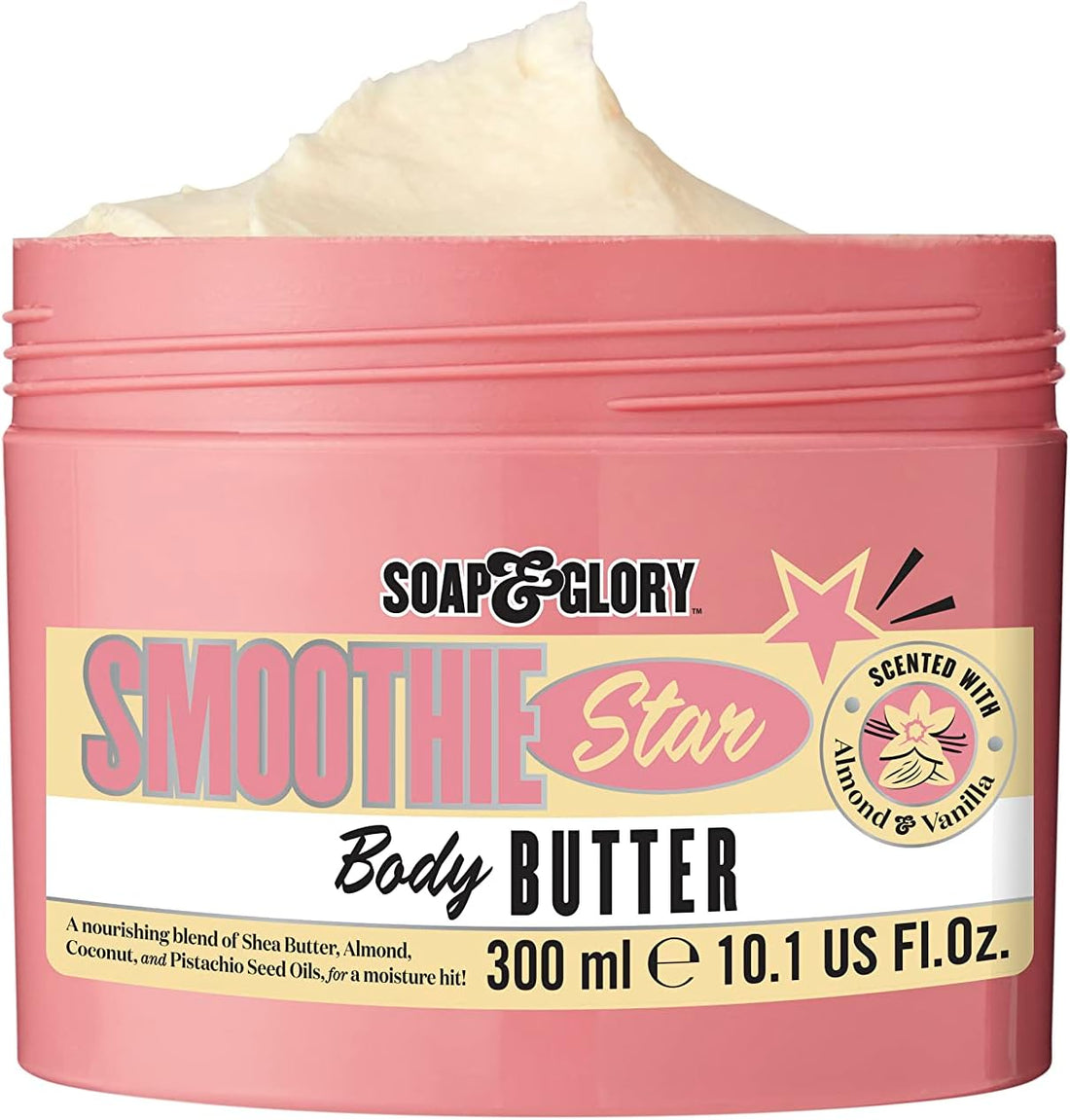 Soap and Glory Smoothie Star body butter jar showing creamy, thick moisturizer with a pink and white label, 300ml size.