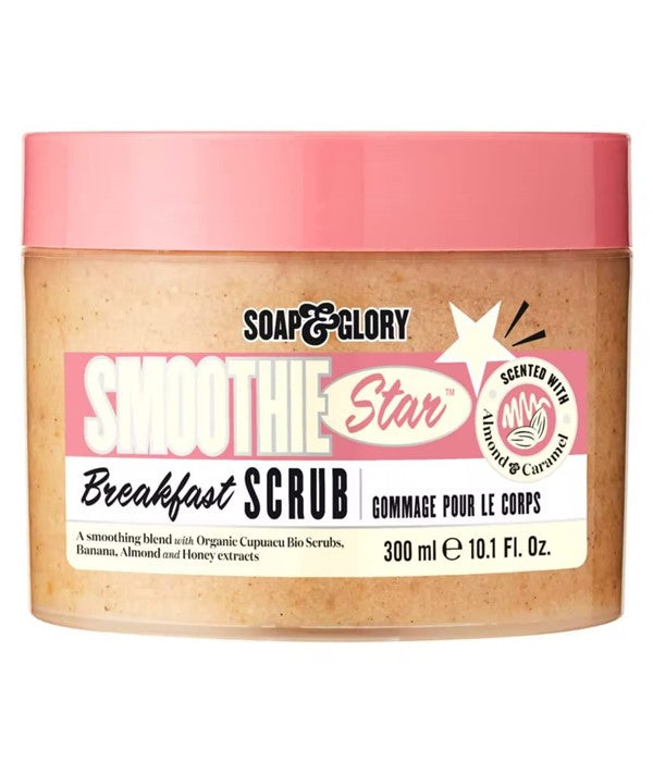Soap and Glory Smoothie Star Breakfast Scrub in 300ml bath and shower container with exfoliating ingredients.