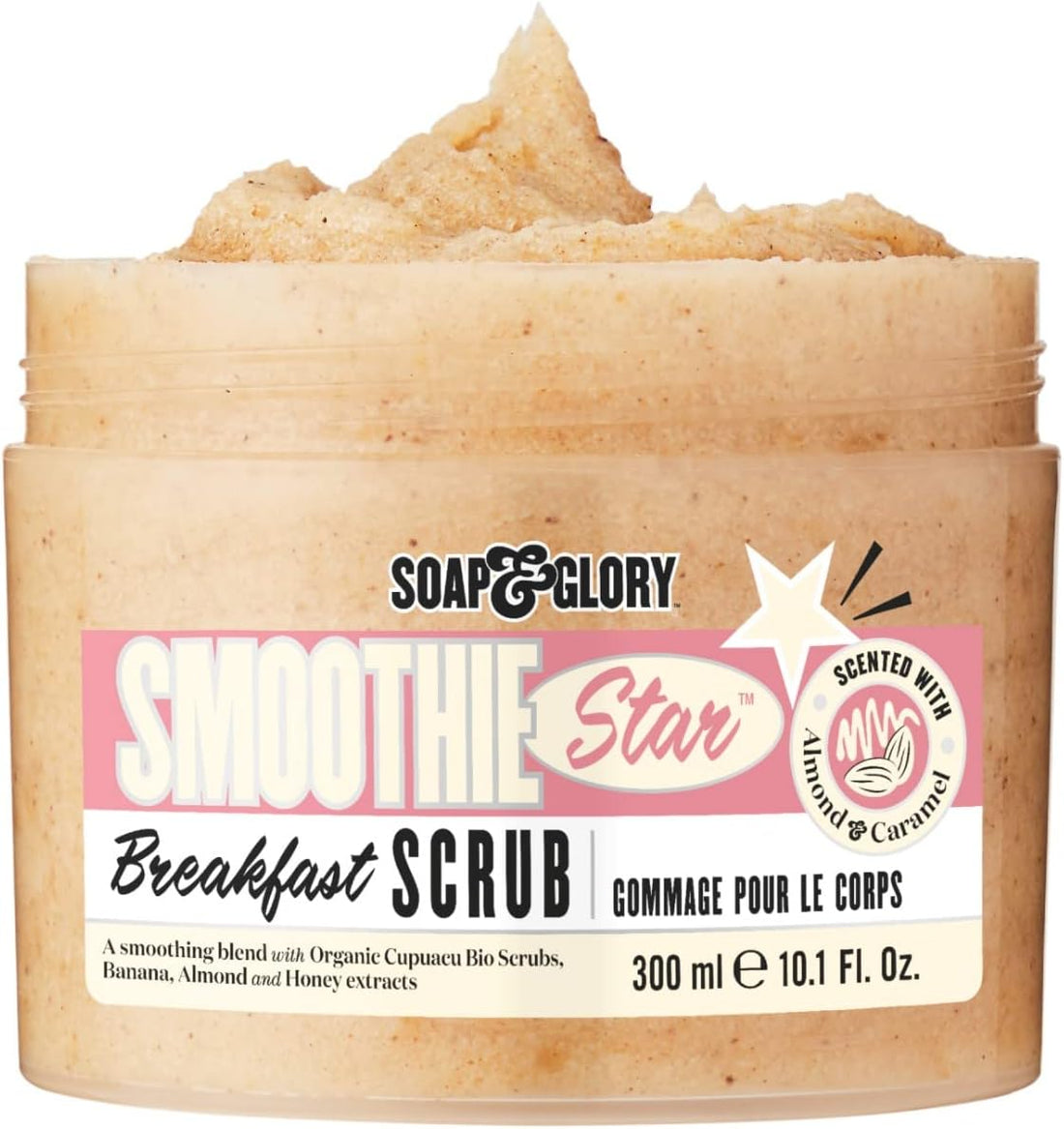 Soap and Glory Smoothie Star Breakfast Scrub for bath and shower, featuring a jar of exfoliating body scrub with a fruity design.