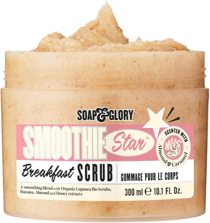 Soap and Glory Smoothie Star Breakfast Scrub for bath and shower, featuring a jar of exfoliating body scrub with a fruity design.