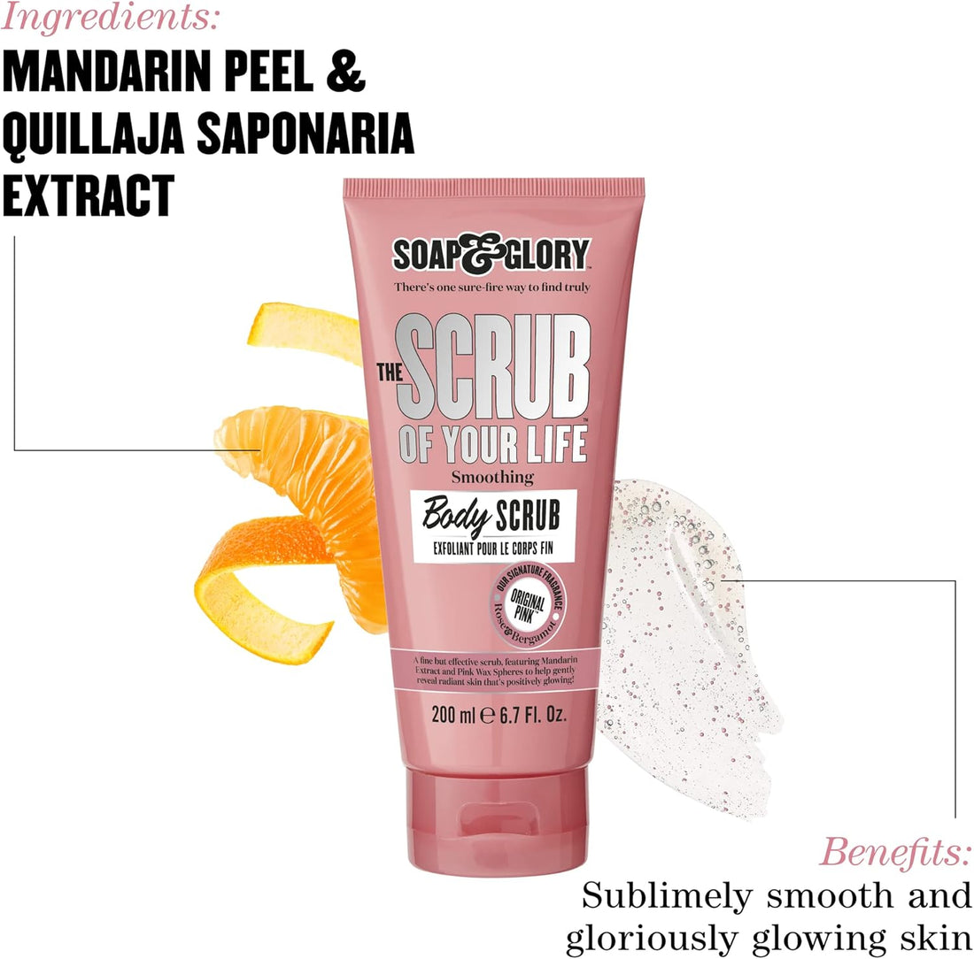 Soap and Glory The Scrub of Your Life smoothing body scrub in a 200ml jar, showcasing its textured exfoliating surface.