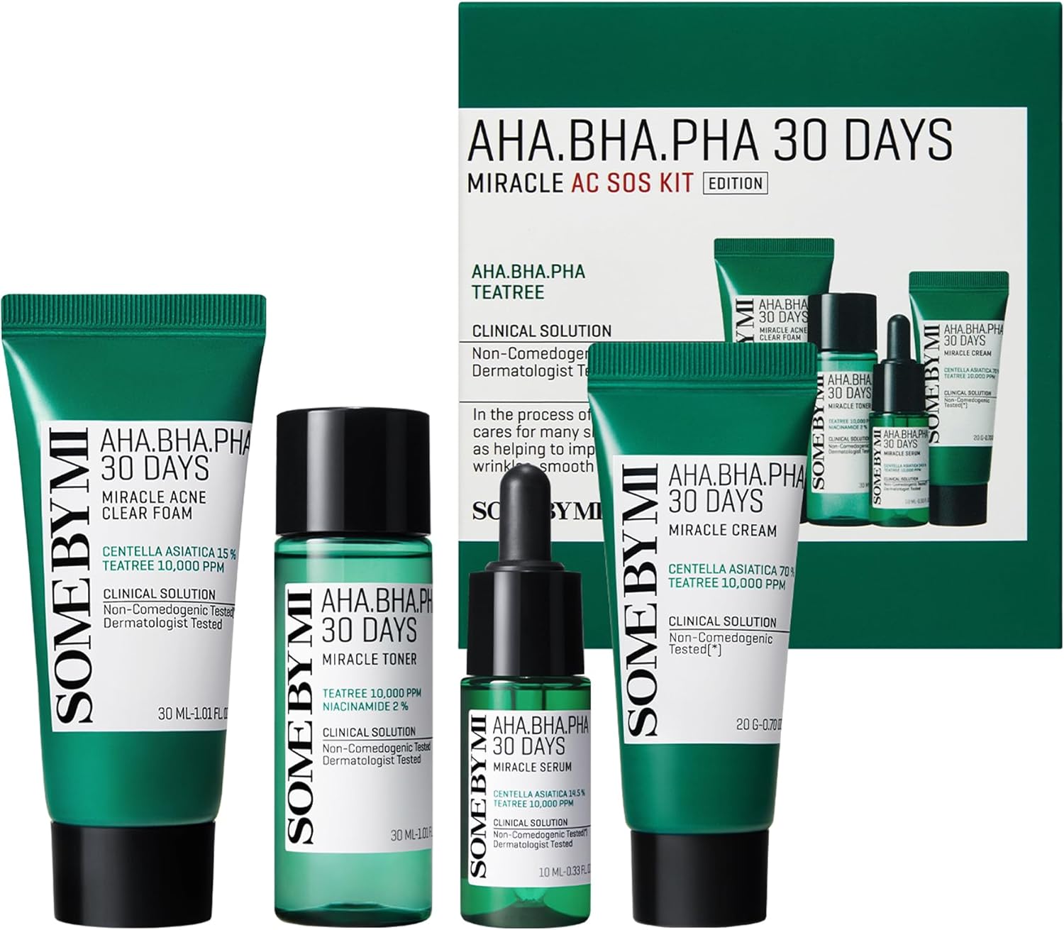 Some By Mi AHA BHA PHA 30 Days Miracle AC SOS Kit edition with skincare products in white packaging, K-beauty bundle for acne care