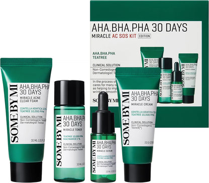 Some By Mi AHA BHA PHA 30 Days Miracle AC SOS Kit edition with skincare products in white packaging, K-beauty bundle for acne care